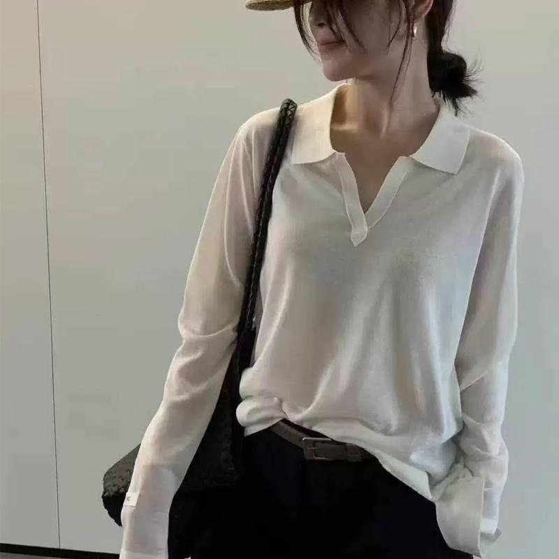 Korean Temperament Lapel Sweater Autumn Women Solid Color Long Sleeve Loose Versatile Knitted Top