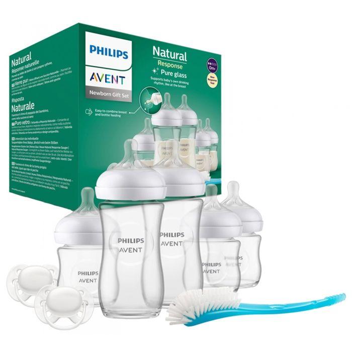Neugeborenen-Set - PHILIPS AVENT - Natural Glas 3.0 - 3 Babyflaschen 120ml + 2 Babyflaschen 240ml + Ultraweiche Schnuller 0-6M + Flaschenbürste weiß