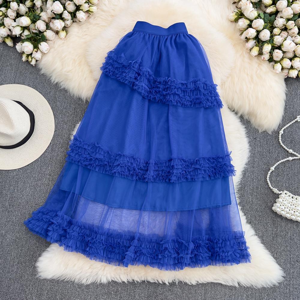 Summer High-Waisted Slim Multi-Layer Ruffled Tutu Skirt Mid-Length Over-The-Knee Elastic Waist Mesh Skirt Women