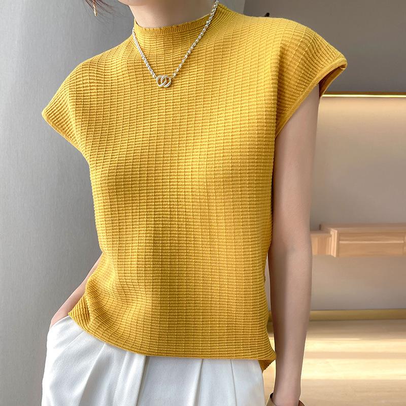 Damen locker gestrickter Pullover mit Kreuzstich, kurzärmelig - Halber Stehkragen, Übergröße, Basisshirt für den Herbst