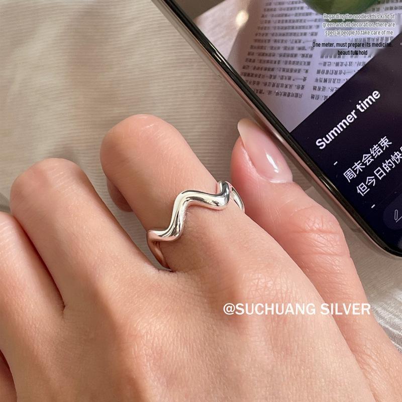 Su Chuang S925 Sterling Silver Wave Open Ring: Simple, Versatile, High-End Women's Cool Style Index Finger Ring