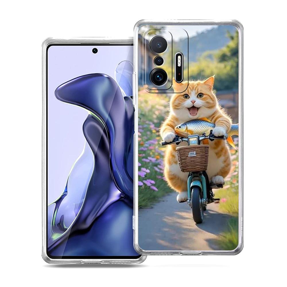 

Transparent Phone Case for Xiaomi Mi 14 13 12 11 Ultra 13T 12T 11T Poco X3 NFC F3 F6 Pro Lite Soft TPU A Cat Riding A Motorcycle for Xiaomi Mi 11