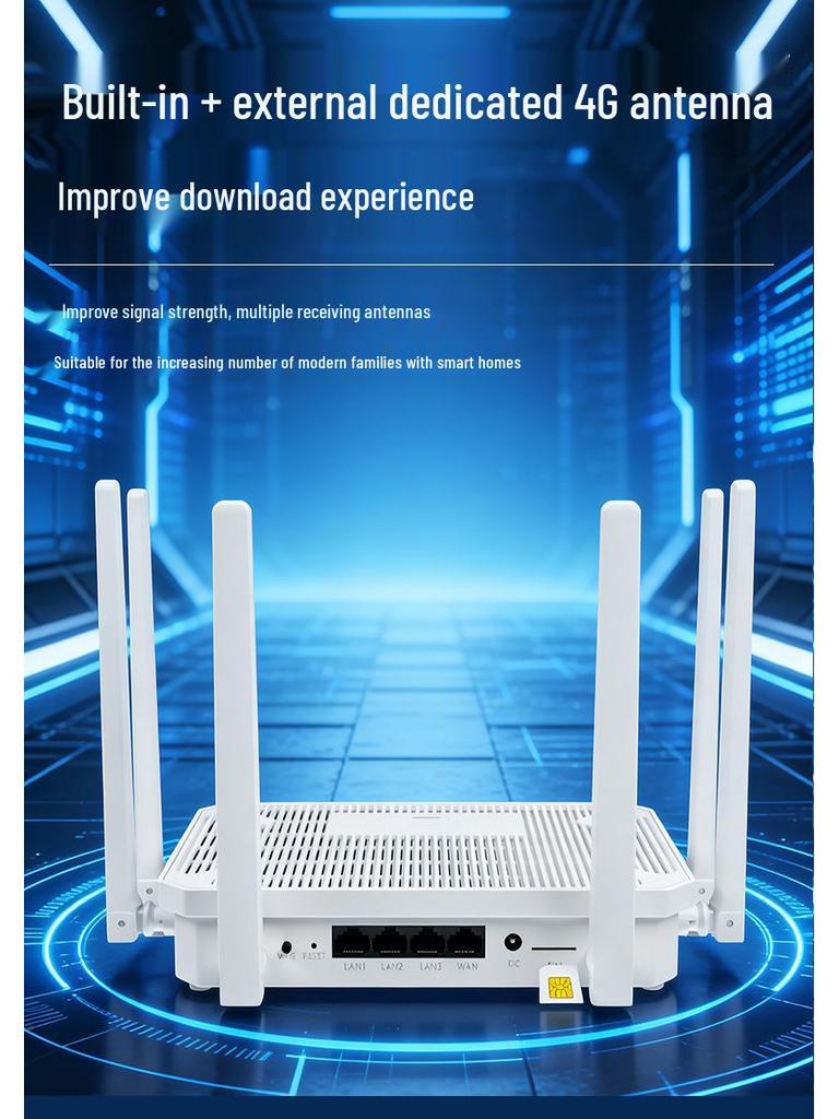 Enhanced WIFI6 Smart Wireless Router with 6 Antennas for Stable, High-Speed 4G Signal and Superior Wall Penetration.