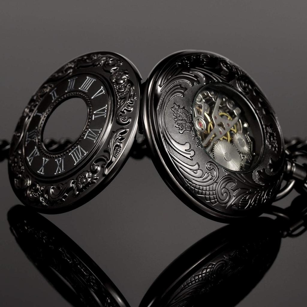 TREEWETO Klassische Mechanische Taschenuhr mit Römischen Ziffern und Anhänger, Schwarze Kette,