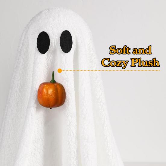 Halloween Lighted White Ghost Spooky LED Light-Up Velvet Cloth Ghost with Pumpkin for Holiday Home Kitchen Fireplace Tabletop Decor