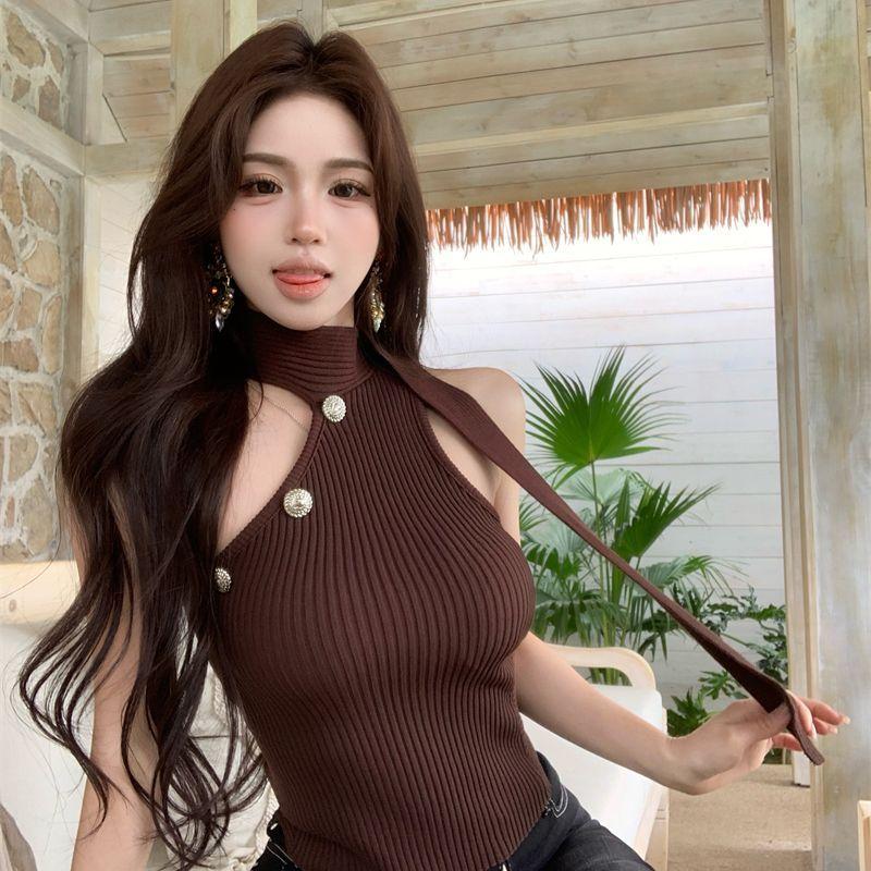 Knitted Halter Camisole Tank Top Women's Outerwear Summer Sexy Sleeveless Crop Top