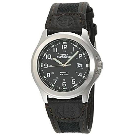 Timex Mens T40091 Expedition Metal Field Black Brown Nylon Leather Strap Watch