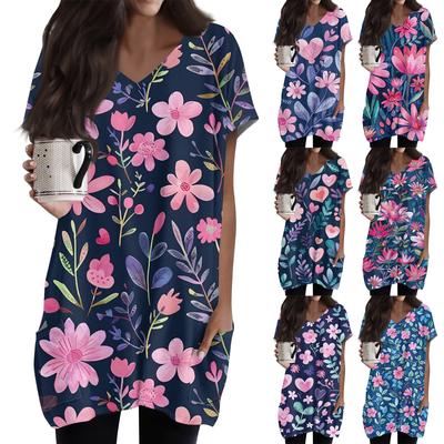 Women's Retro Flower And Leaf Print V-Neck Midi Pocket Short Sleeve Top