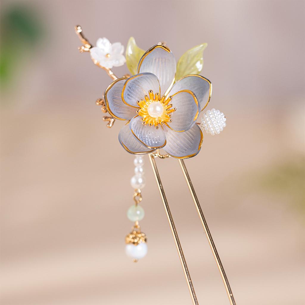 Exquisite Flower Hairpin Handmade Ink Orchid Lotus Tassel Hair Stick For Women Elegant Chinese Style Hanfu Hair Accessories