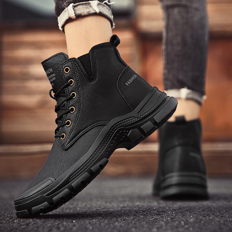 Fashion Tooling Boots Men Winter Casual Leather Shoes Ankle Men's Biker Boot Young Fashion Water Proof Full Black Non-slip Male Footwear