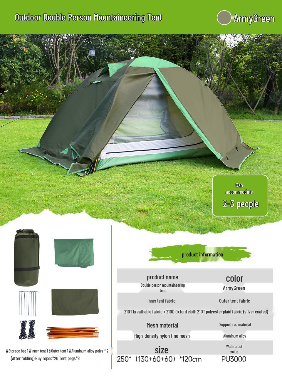 

Large Double-Layer Family Camping Tent, 210T Polyester, Portable for Outdoor Travel and Picnics 2~3 Person зелёный