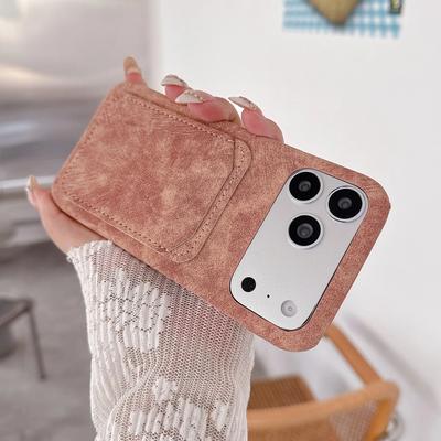 Retro Card Holder Slot Faux Leather Suede Case For iPhone 17 Air 16 15 14 13 12 11 Pro Max Plus Matte Frameless Bumper Cover