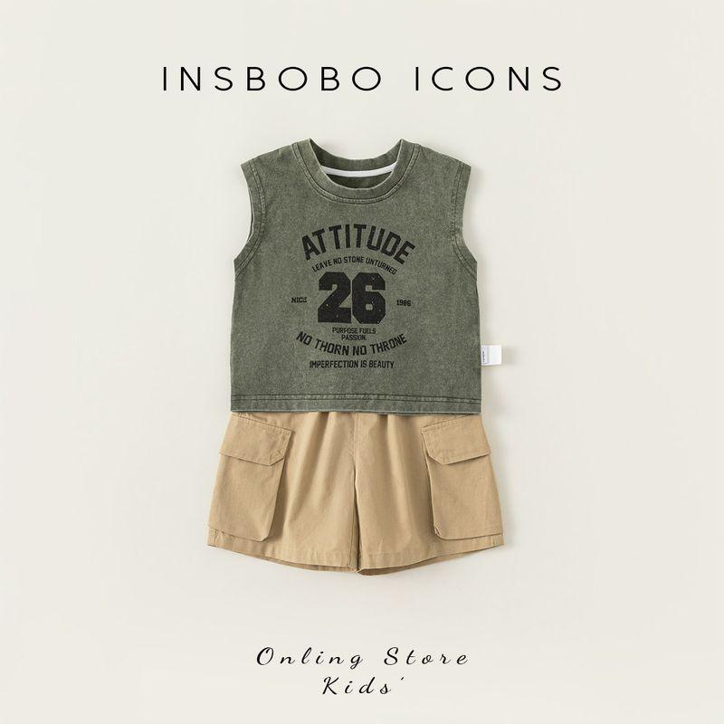 Two-piece Set Fashionable Vest Boy Summer Clothing Green+Khaki 100