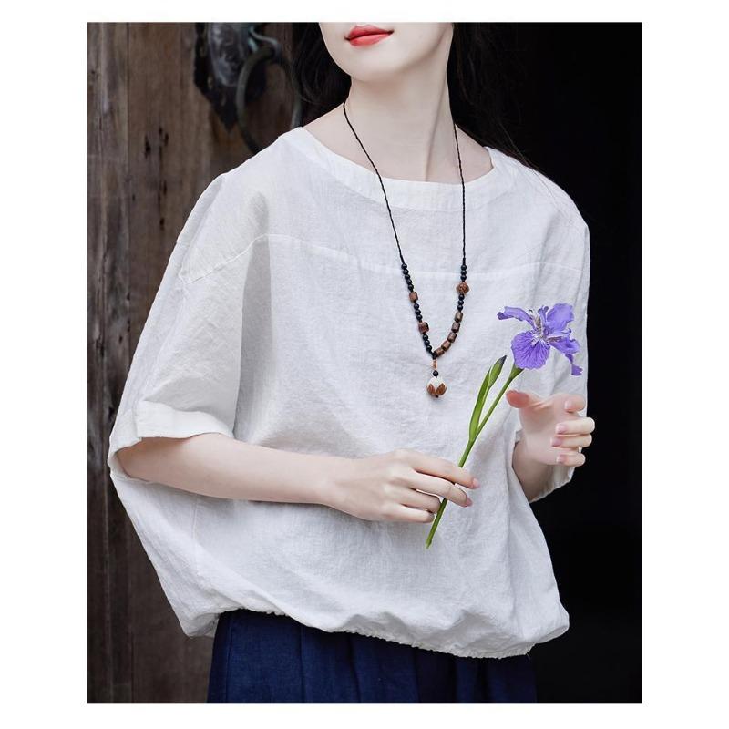 Mid-sleeved T-shirt for Women's Summertime New Arrival Mother-wearing Round Neck Cotton and Linen Top Temperament Small Shirt Chinese Style Tea