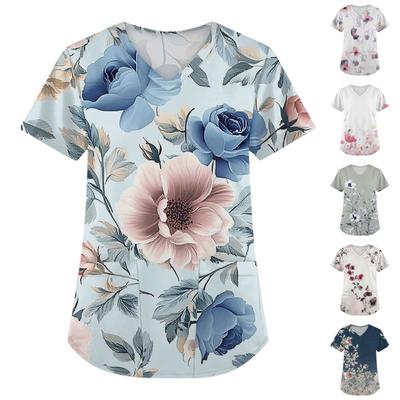 Damen Kurzarm Mode V-Ausschnitt mit Taschen Blumendruck Tops Kleidung