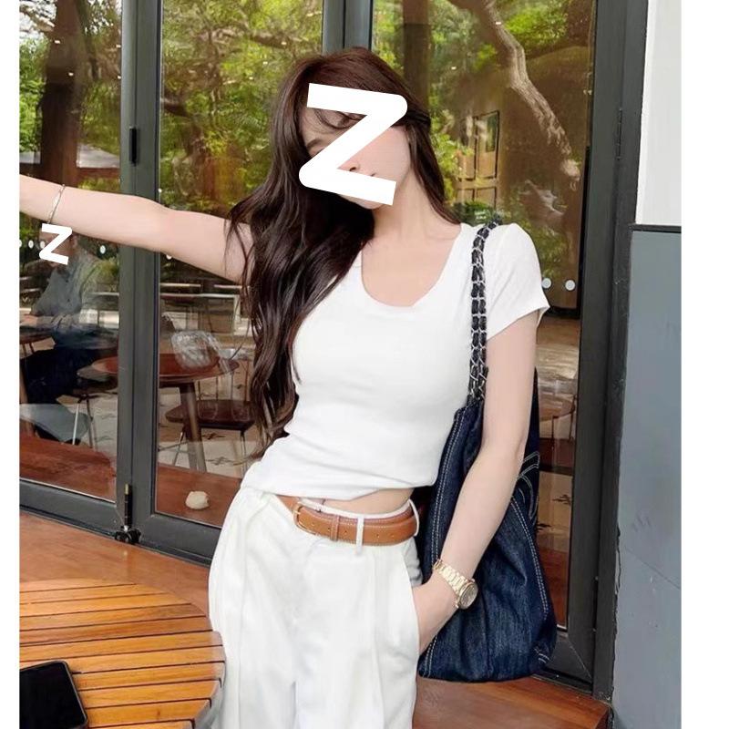 Women's Fashion Water Drop Crew Neck U-Neck Short Sleeve T-Shirt Women's Versatile Slim Skinny Top