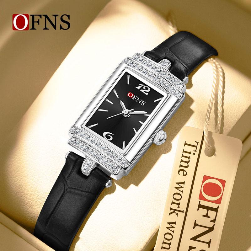 OFNS Women's Luxury Square Leather Strap Watch - Waterproof Quartz with Diamond Detailing
