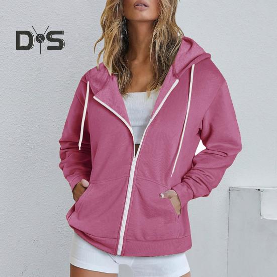 Autumn Spring Women Coat Hooded Drawstring Long Sleeves Pockets Zip-up Elastic Cuff Hem Loose Sport Hoodie Casual Daily Wear Jacket