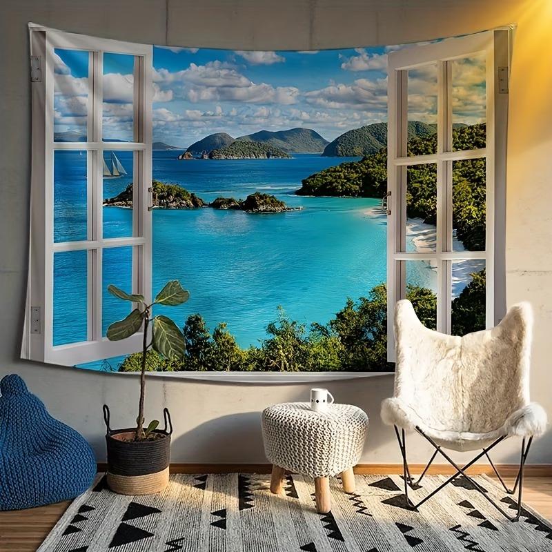 Visual Illusion Sea View Window Tapestry For Bedroom, Living Room And Beach Wall Decoration; Home Aesthetic Decoration