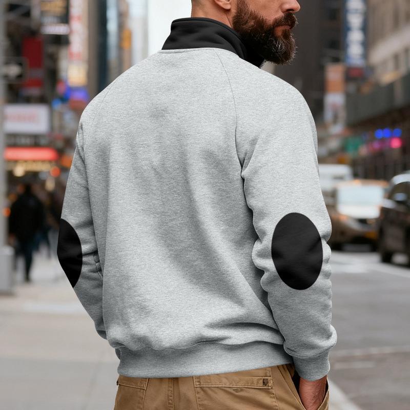 Fashionable American Winter Men's Loose Velvet Stand-up Collar Contrast Patch and Pocket Zipper Sweatshirt