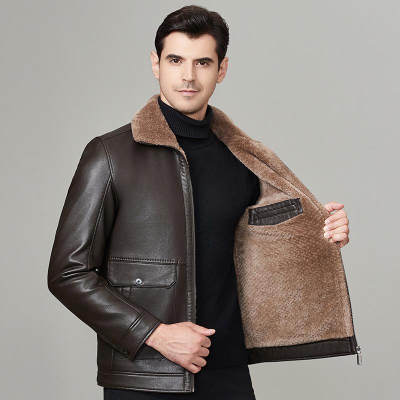 Genuine Leather Jacket Men's Fur Integrated Velvet Thickened Autumn and Winter Dad Genuine Leather Jacket
