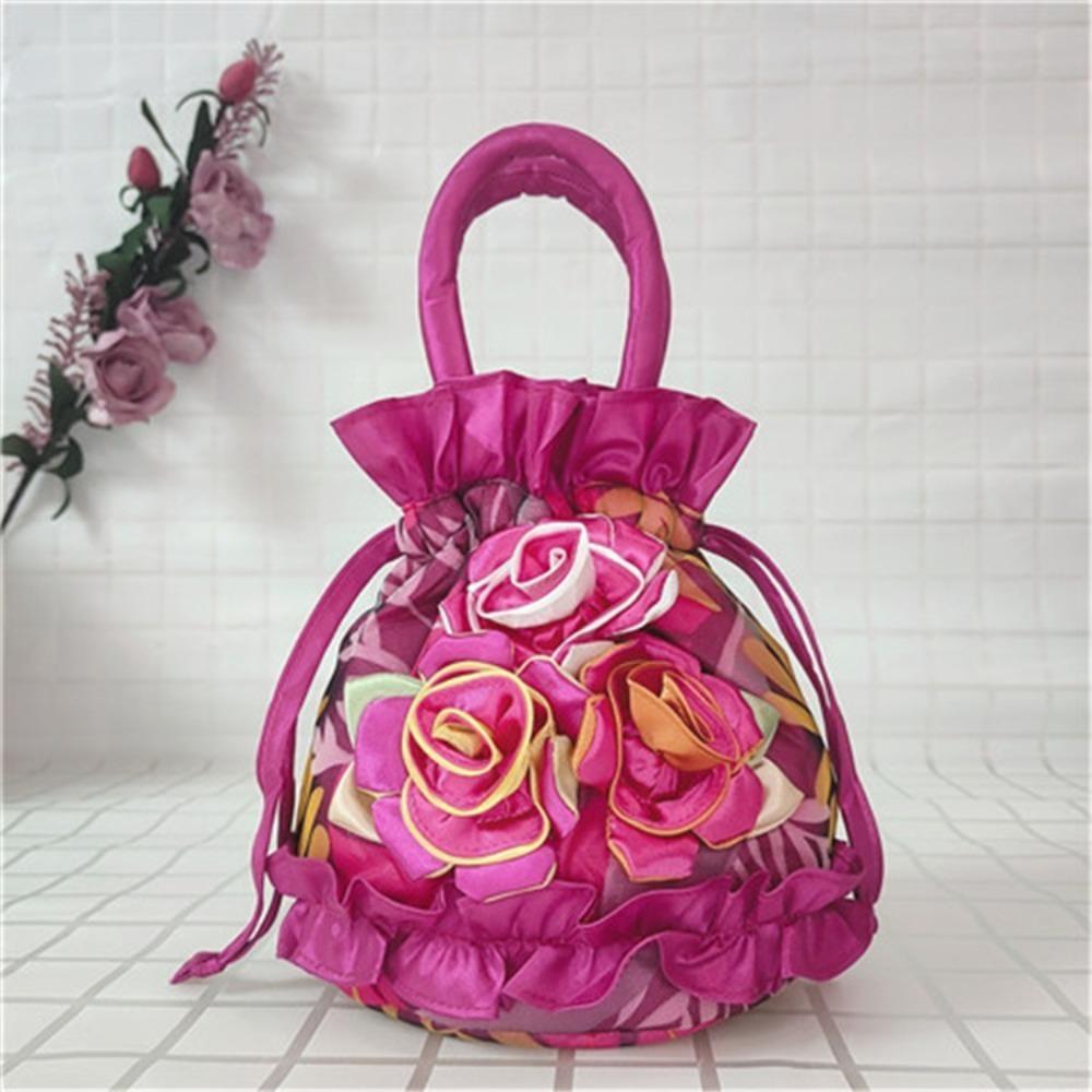 High Quality Top Handle Lace Flower Bag Lace Embroidery Bucket Drawstring Cloth Bag Dacron Women's Handbag