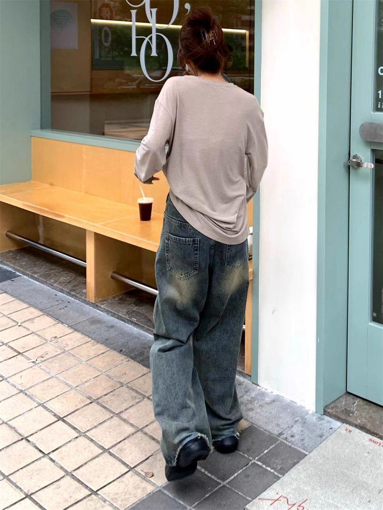 Damen Amerikanische Retro High Waist Petite Wide Leg Ripped Jeans