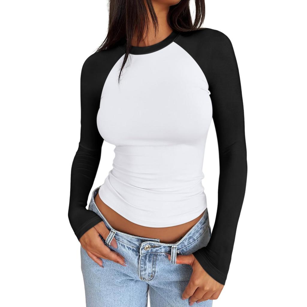 Women's Long Sleeve Shirts Slim Fit Stretchy Color Block Slightly Cropped Tops