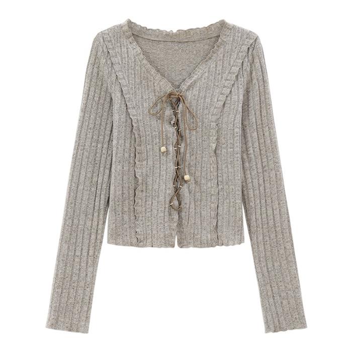 

MR [Original fabric, cashmere pit strip] Sweet and spicy slim long-sleeved early autumn strap short V-neck long-sleeved top women S хаки