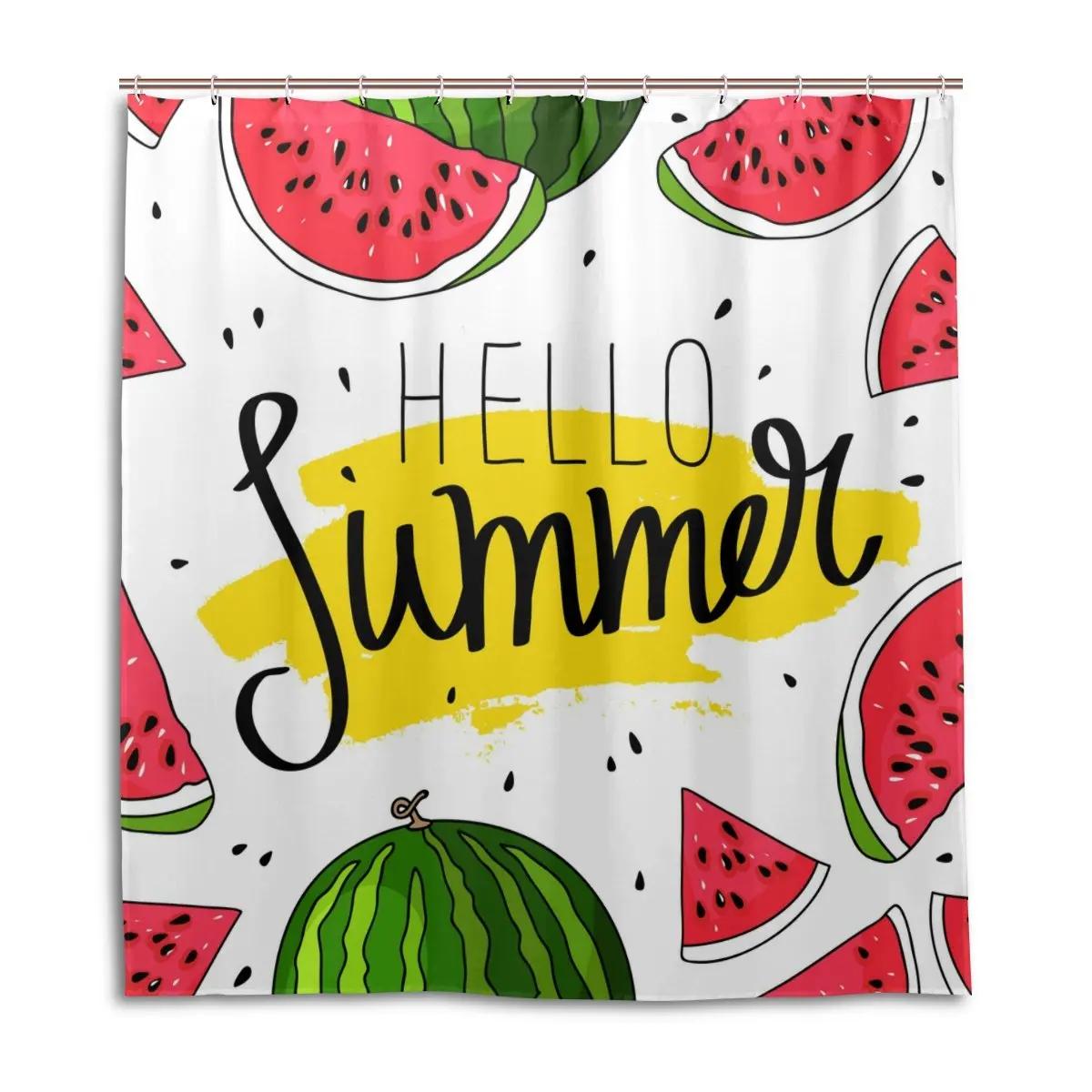 

Watermelons Shower Curtains Summer Fruit Slice Black Seeds Red Green Stripes Bathroom Curtain Waterproof Polyester With Hooks W60H190(CM)-1 Pcs