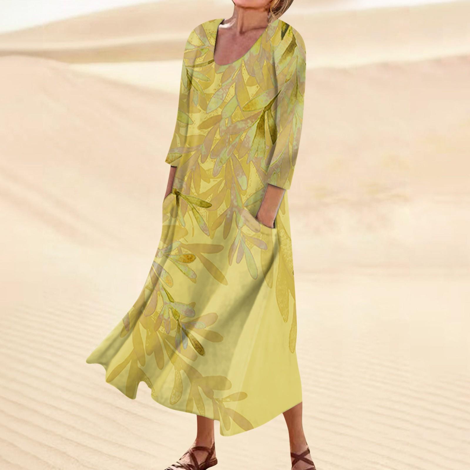 

Літня сукня для жінок. Повсякденна сукня з принтом. Зручна модна сукня з кишенями з рукавами 3/4. XL жовтий