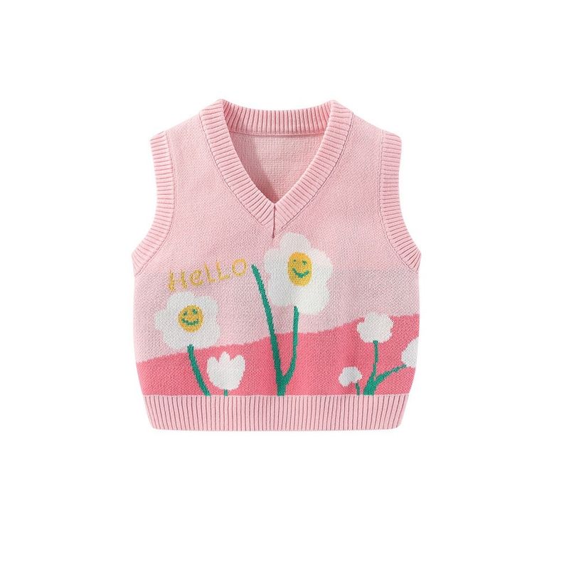 Children's Clothing Spring and Autumn Kids Flower Jacquard Vest Girl's Waistcoat V-neck Sweater Female Baby Girl Pullover Sweater