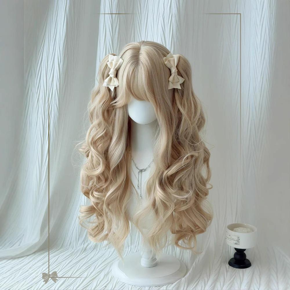 Synthetic Lolita Wig with Bangs Cosplay Halloween Harajuku Wig Long Curly Double Ponytail  Girl