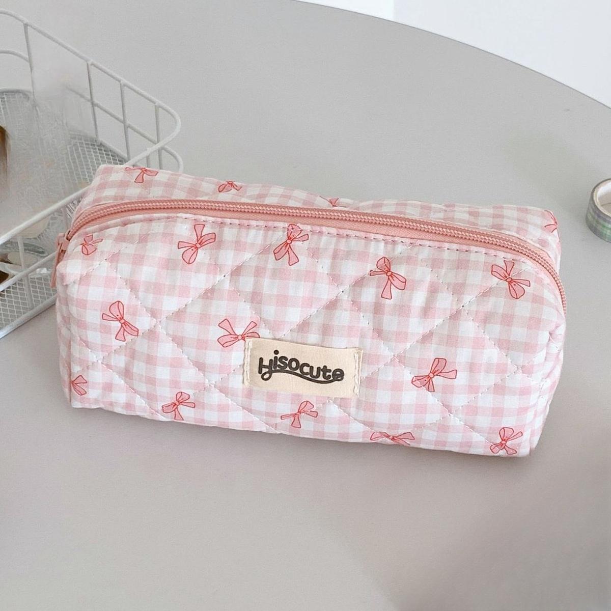 

Бантик и клетчатая сумка для карандашей, пенал для ручек, кремовый цвет, ромбовидная строчка, очень милый мешочек для хранения канцелярских принадлежностей, подарок для школьницы