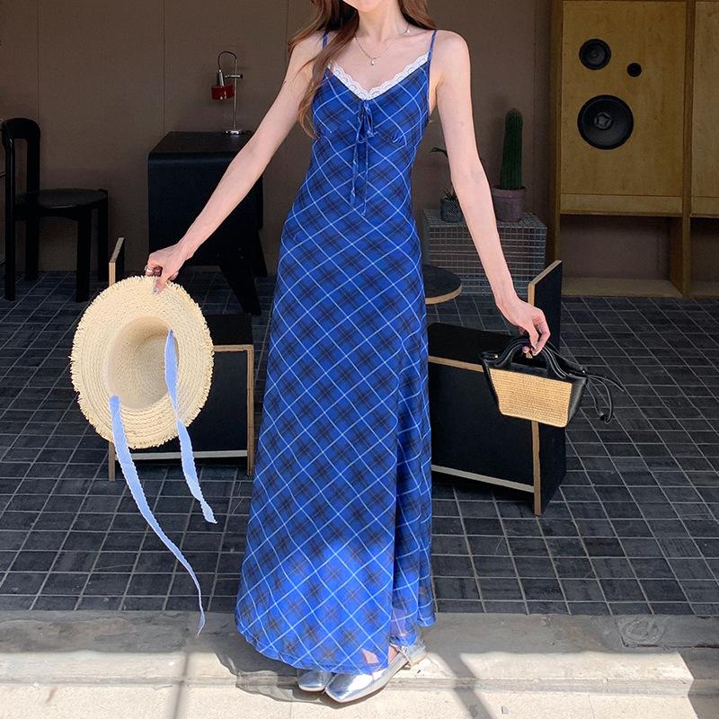 French Retro Plaid Suspender Dress Summer New Fashion Spice Girl Style Design Sense Slim Dress Women