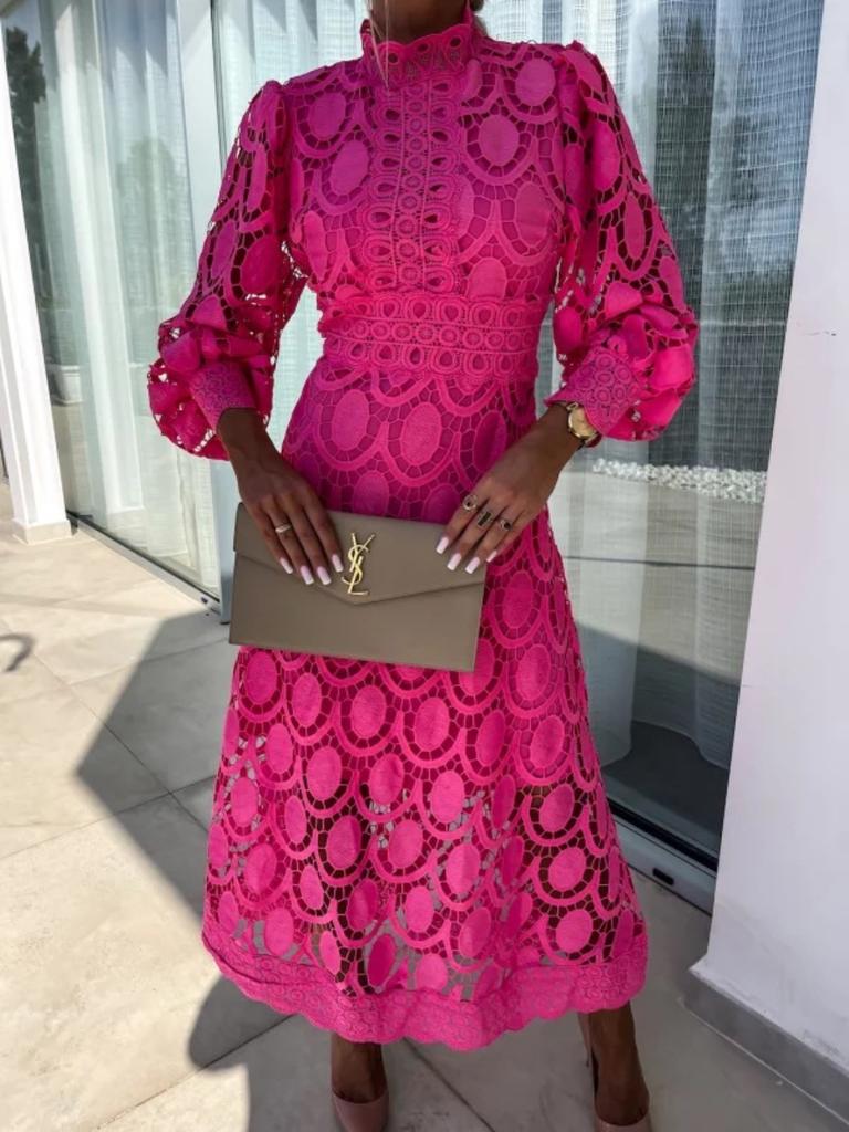 Französisches Spitzenkleid mit Stehkragen, Puffärmeln, Taillengürtel, figurbetont, elegantes europäisches und amerikanisches langes Kleid