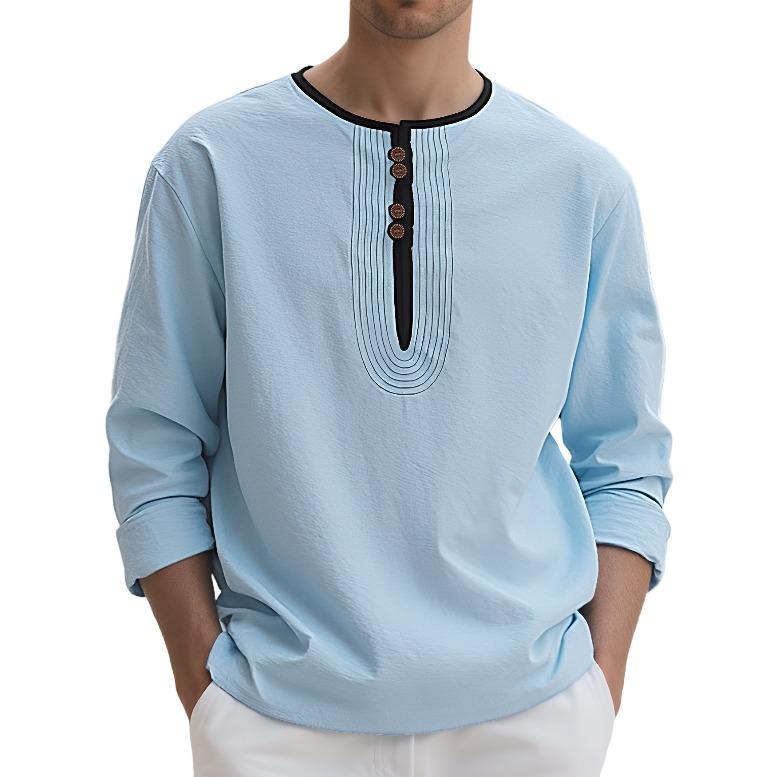 Henry collar European and American men's clothing solid color linen loose casual sports long-sleeved t-shirt