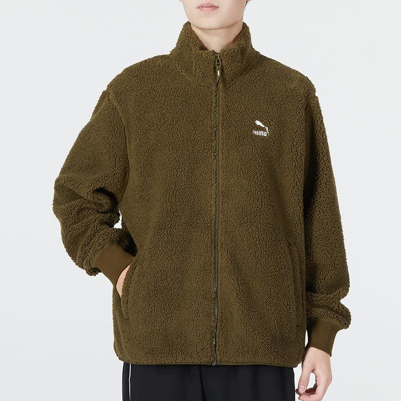 PUMA Solid Color Fleece Lined Logo Athleisure Stand Collar Sherpa Jacket Men's Army Green 537699-62