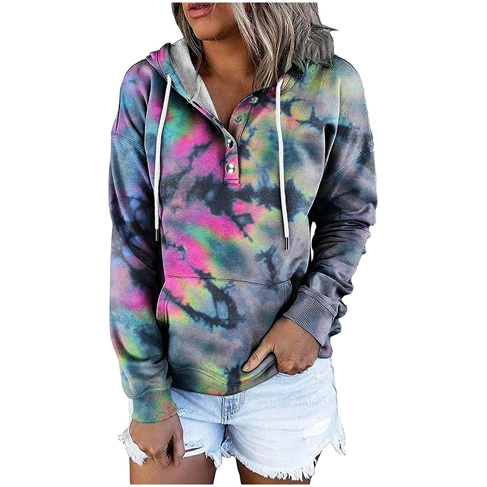 

Fashion Womens Loose Tie- Print Splicing Hooded High Collar Pocket Long Sleeve Sweater With Fleece Top XXL