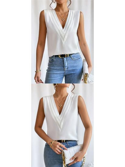 European and American Women's Summer V-Neck Layered Solid Color Top