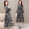 Women's Mid-Length Floral Chiffon Spring Dress - Waist-Slimming, Over-the-Knee, Long-Sleeved Fashion