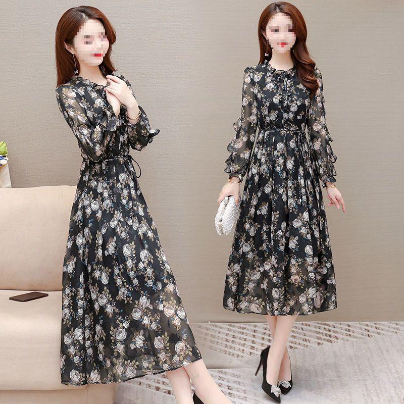Women's Mid-Length Floral Chiffon Spring Dress - Waist-Slimming, Over-the-Knee, Long-Sleeved Fashion