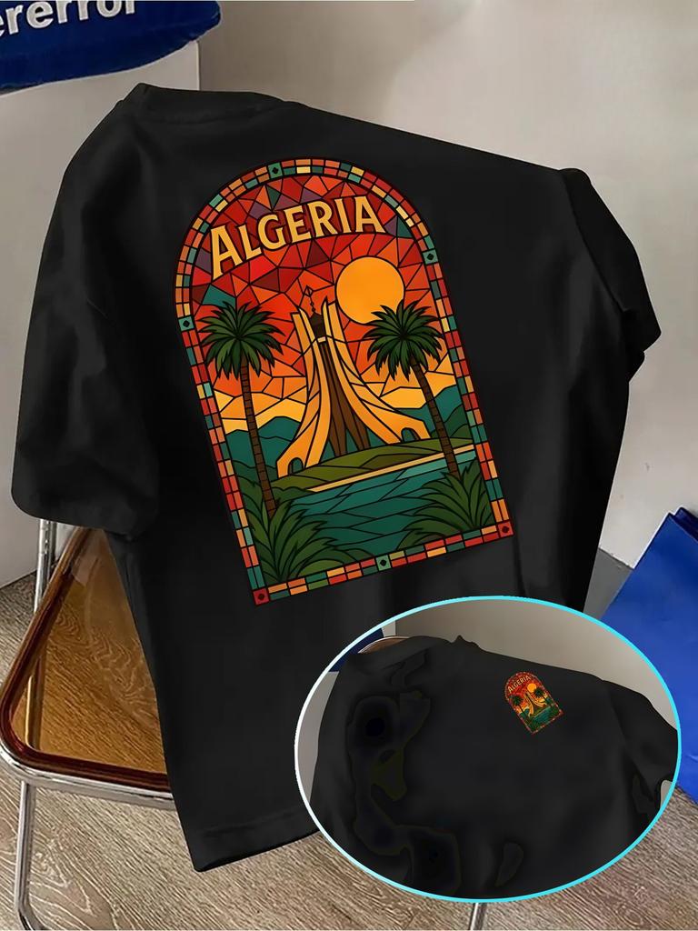 Summer Leisure Vacation Men's Coconut Tree Algerian Print Round Neck T-shirt Breathable Sweat Wicking Pure Cotton Short Sleeved