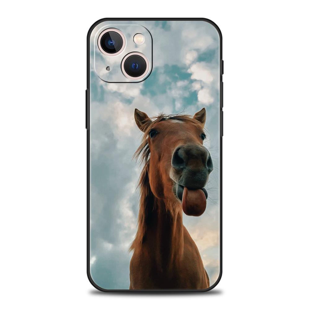 Luxury TPU Soft Phone Case For iPhone 16 11 15 14 Pro MAX 12 13 7 8 Plus X XR XS SE 2022 Black Cover Horse Animal