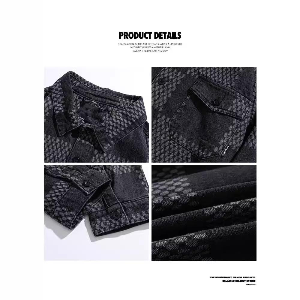 Checkerboard Pattern Plus Size Men's Windproof Warm Jacket Fashionable Versatile Casual Sports Lightweight Jacket Denim Jacket