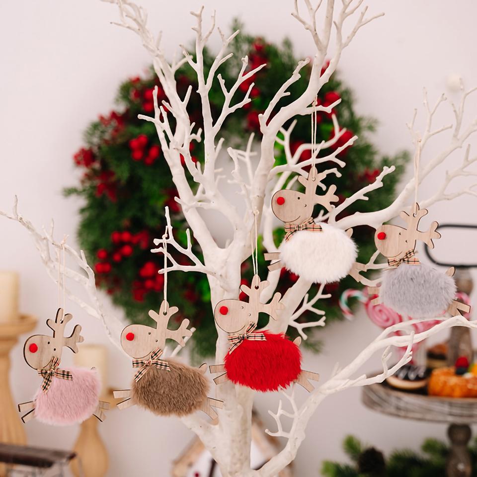 Christmas Elk Hanging Ornament Gifts Wooden Reindeer Plush Pendants Christmas Tree Decor
