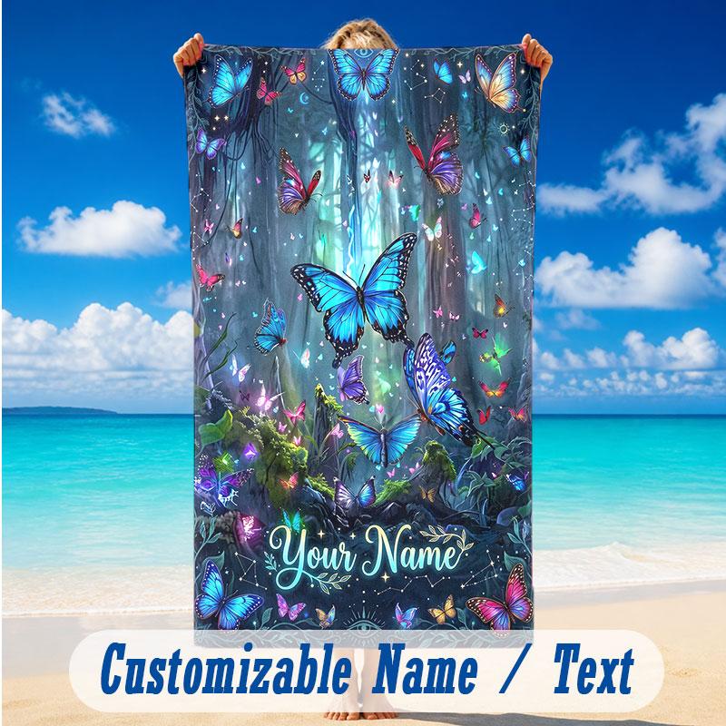 Butterfly Theme Beach Towel Personalized Custom Name & Text Soft Quick Dry Beach Towel for Swimming Travel