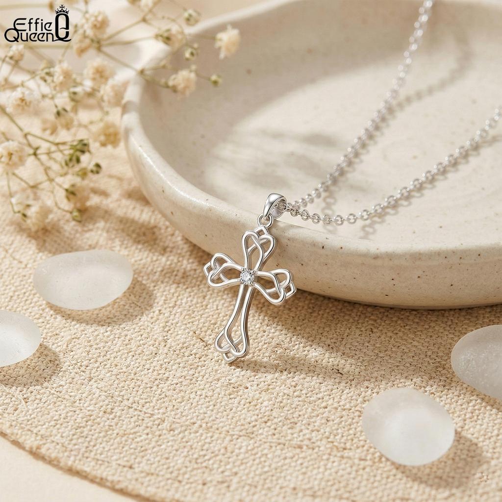 Effie Queen 100% S925 Silver 14k Gold Cross Shaped Round Zirconia Pendant Necklace Religious Jewelry for Women, Men Casual APN42