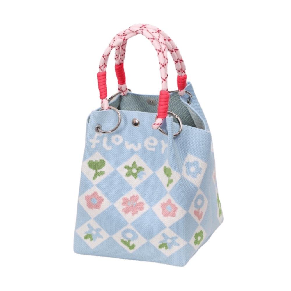 Portable Cartoon Knitted Bucket Bag Handmade Large Capacity Wrist Bag Woven Ring Buckle Handbag for Women Girls