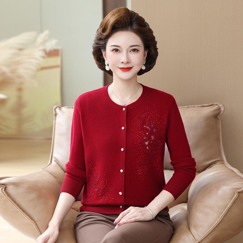Women's Embroidered Wool Cardigan - Grandma's Warm Round Neck Sweater for Autumn/Winter